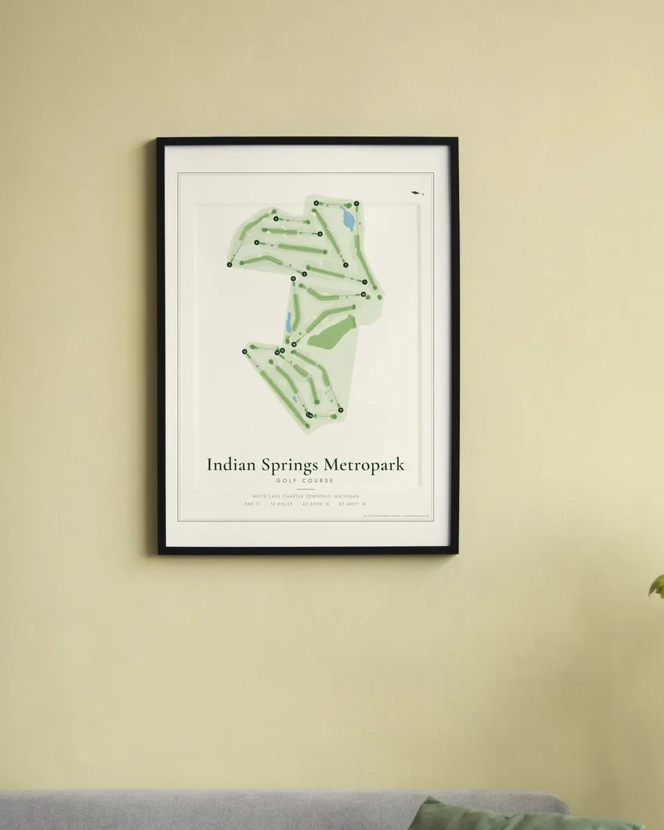 Indian Springs Metropark Golf Course golf course map print framed on a wall