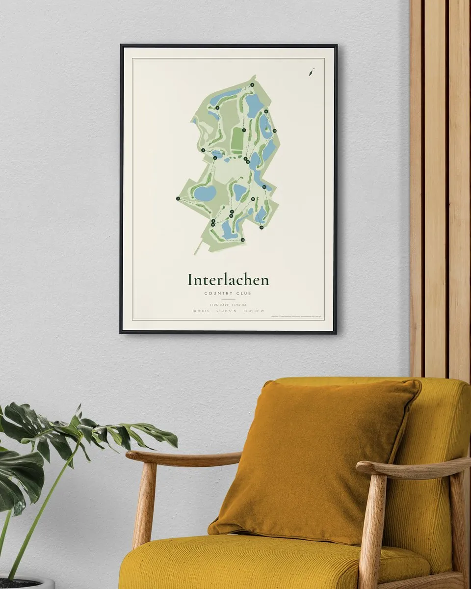 Interlachen Country Club golf course map print framed on a wall