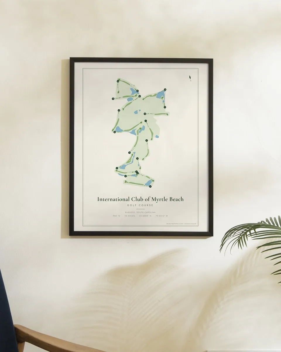 International Club of Myrtle Beach golf course map print framed on a wall