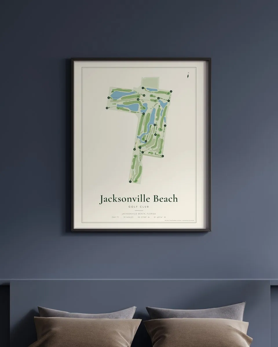 Jacksonville Beach Golf Club golf course map print framed on a wall