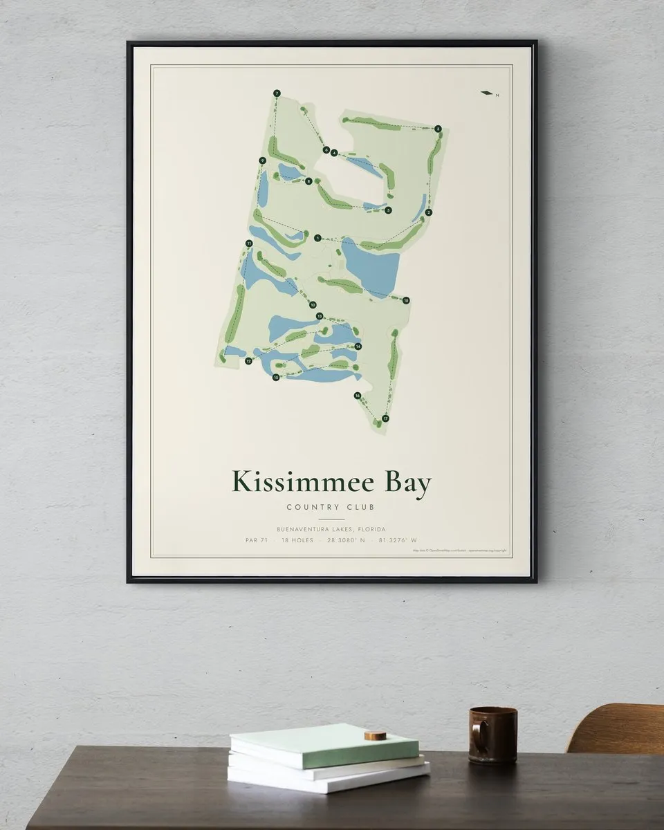 Kissimmee Bay Country Club golf course map print framed on a wall