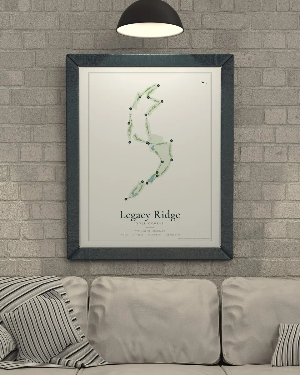 Legacy Ridge golf course map print framed on a wall