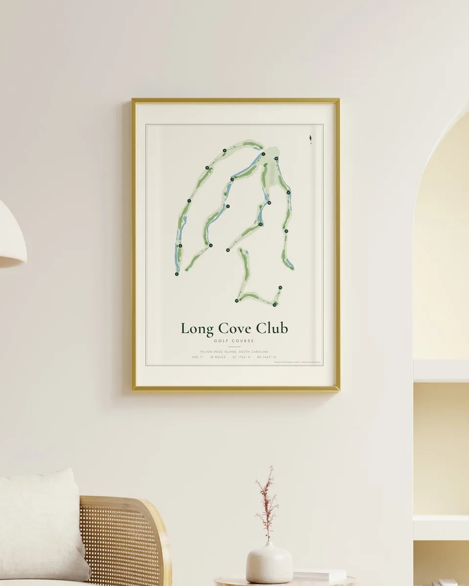 Long Cove Club golf course map print framed on a wall