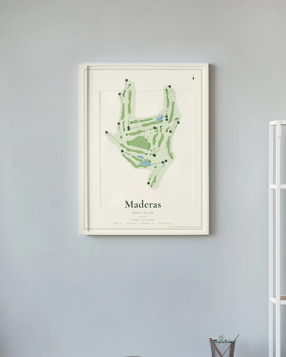 Maderas Golf Club golf course map print framed on a wall