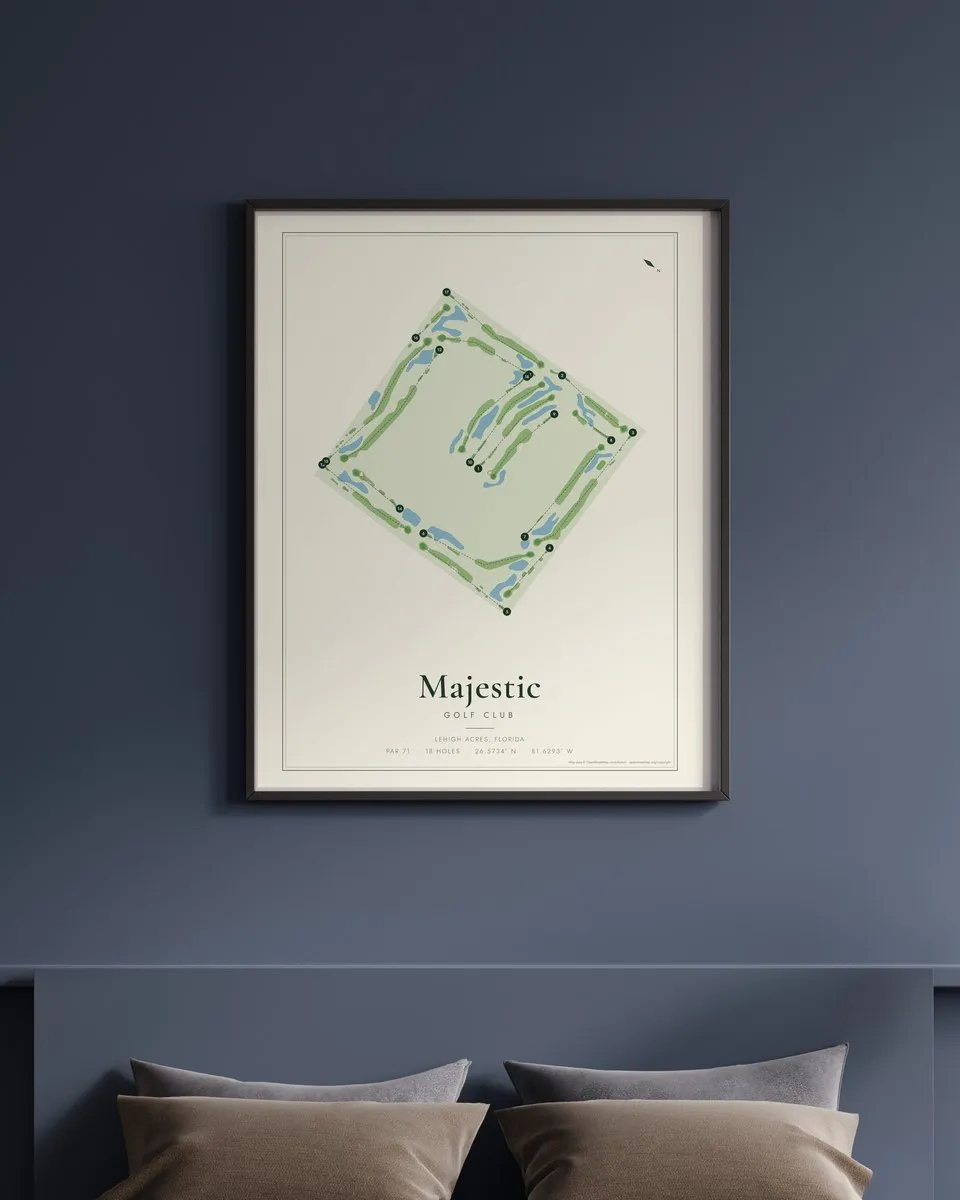 Majestic Golf Club golf course map print framed on a wall