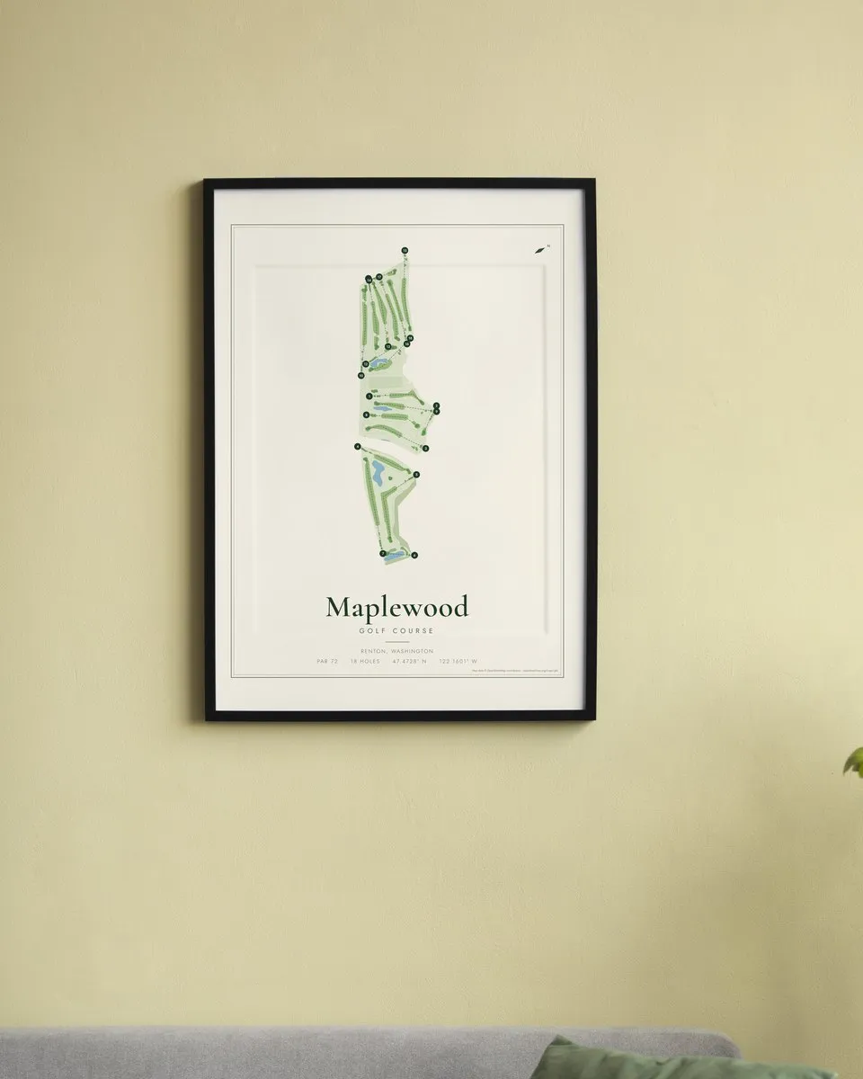 Maplewood Golf Course golf course map print framed on a wall