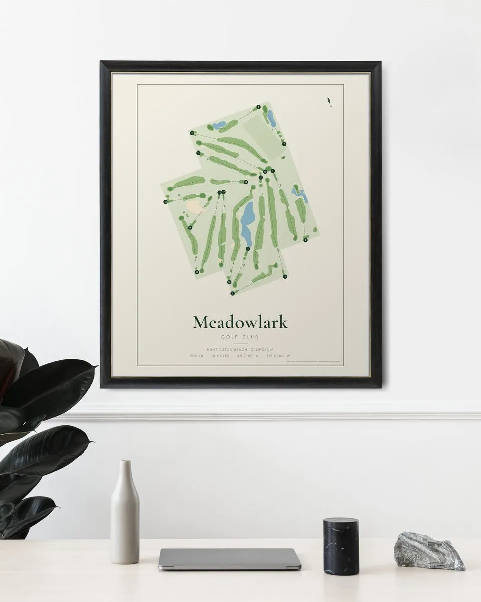Meadowlark Golf Club golf course map print framed on a wall