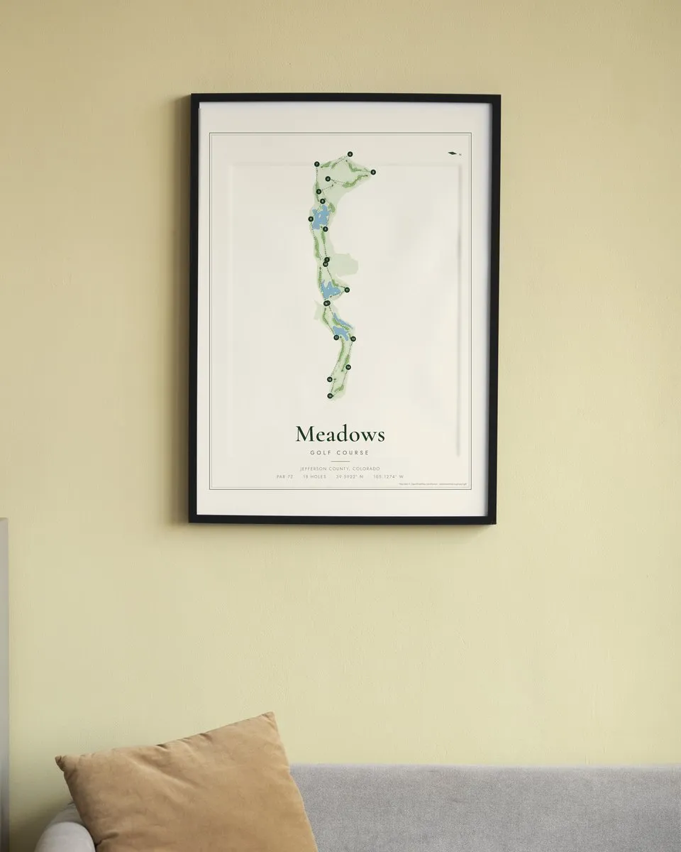 Meadows Golf Course golf course map print framed on a wall