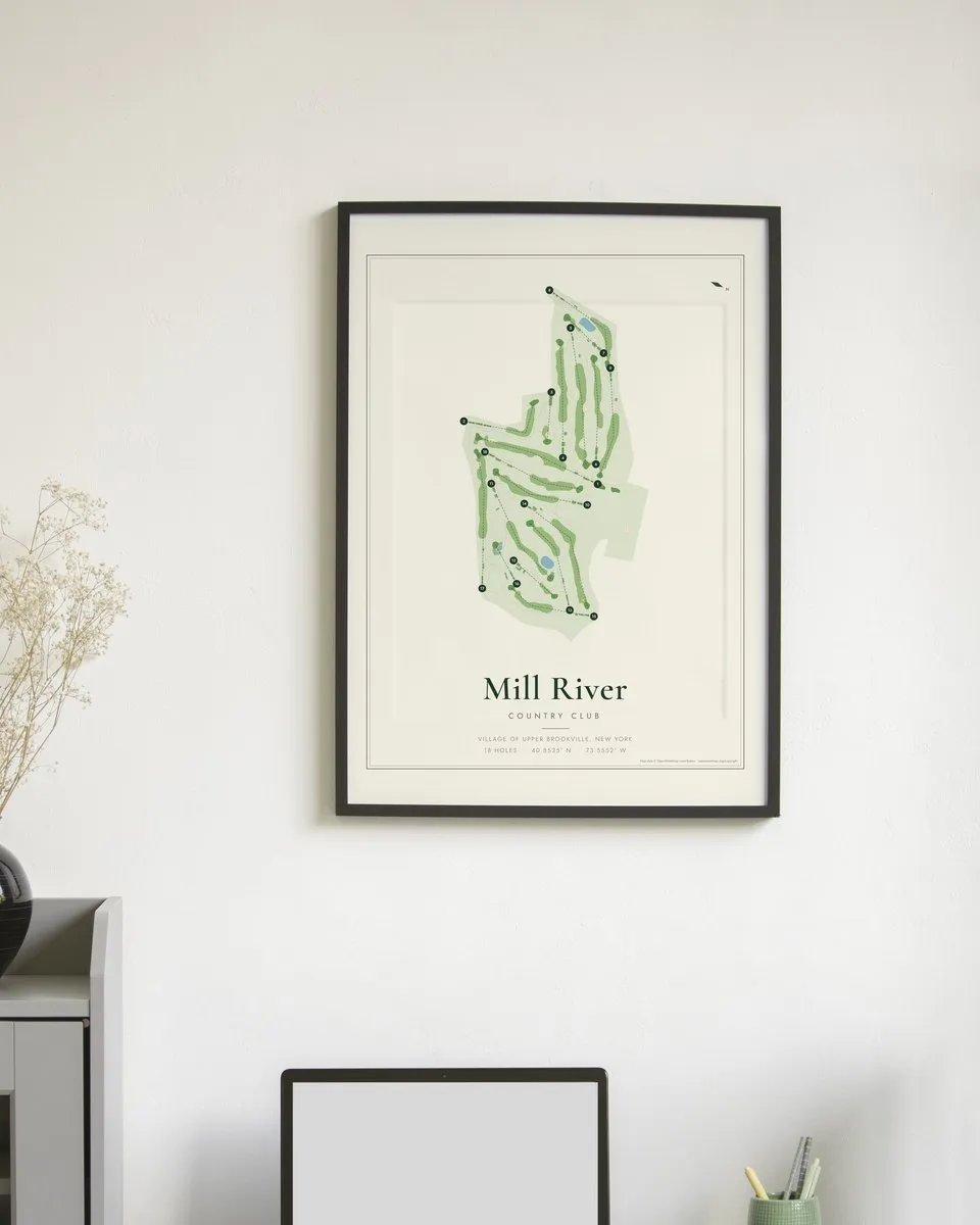 Mill River Country Club golf course map print framed on a wall