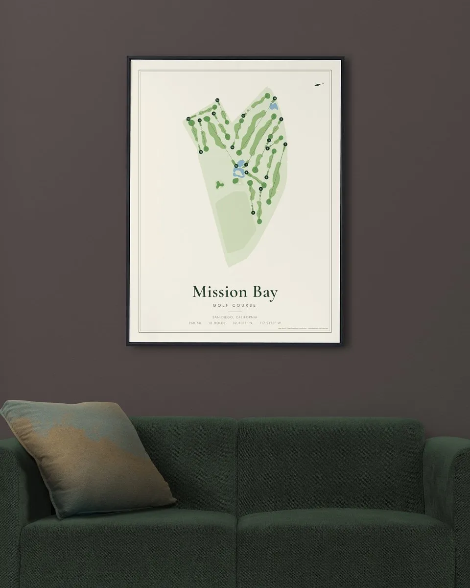 Mission Bay Golf Course and Practice Center golf course map print framed on a wall