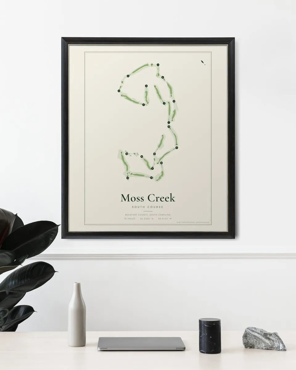 Moss Creek South Course golf course map print framed on a wall