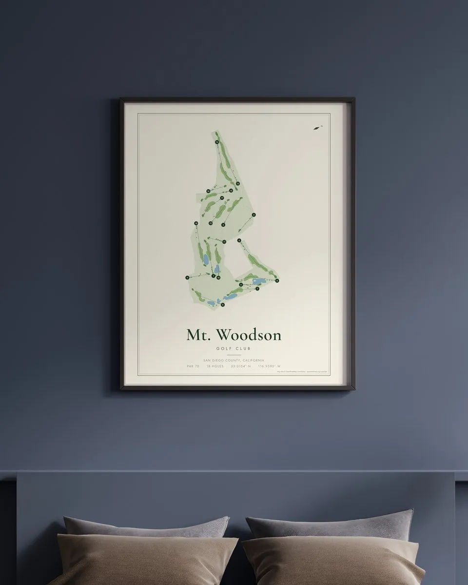 Mt. Woodson Golf Club golf course map print framed on a wall
