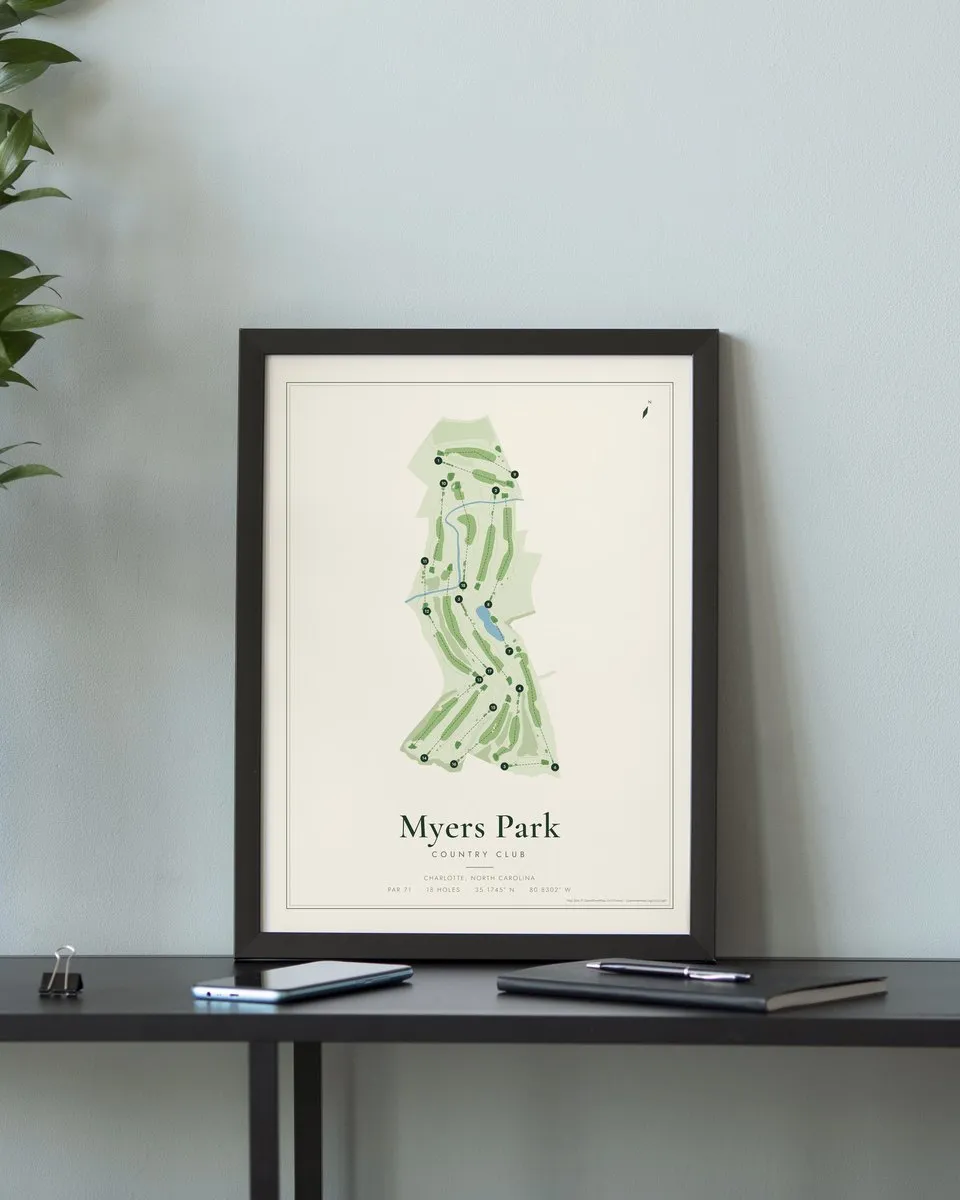 Myers Park Country Club golf course map print framed on a wall