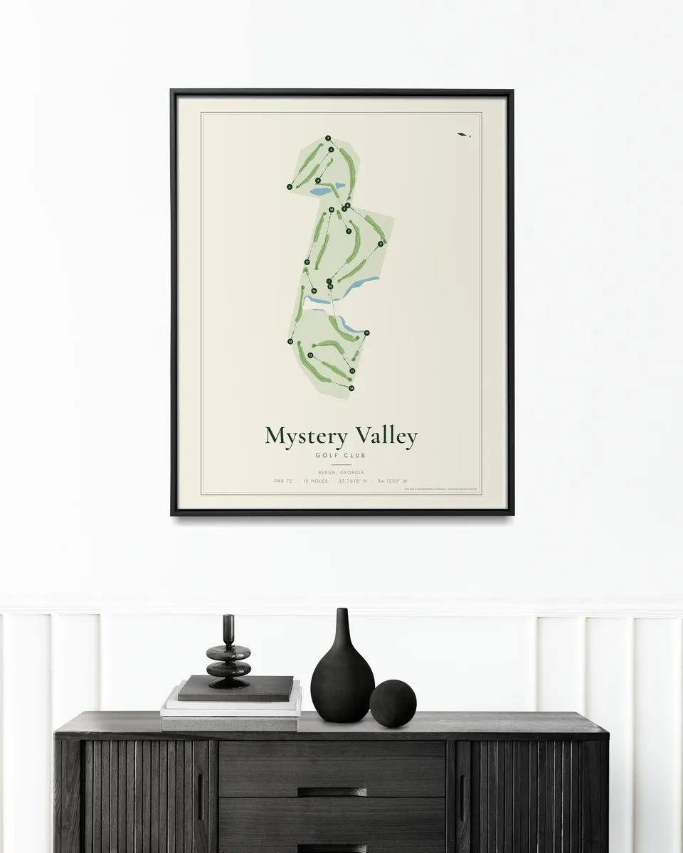 Mystery Valley Golf Club golf course map print framed on a wall