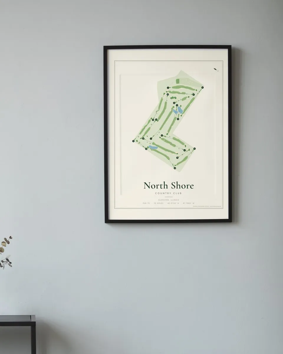 North Shore Country Club golf course map print framed on a wall