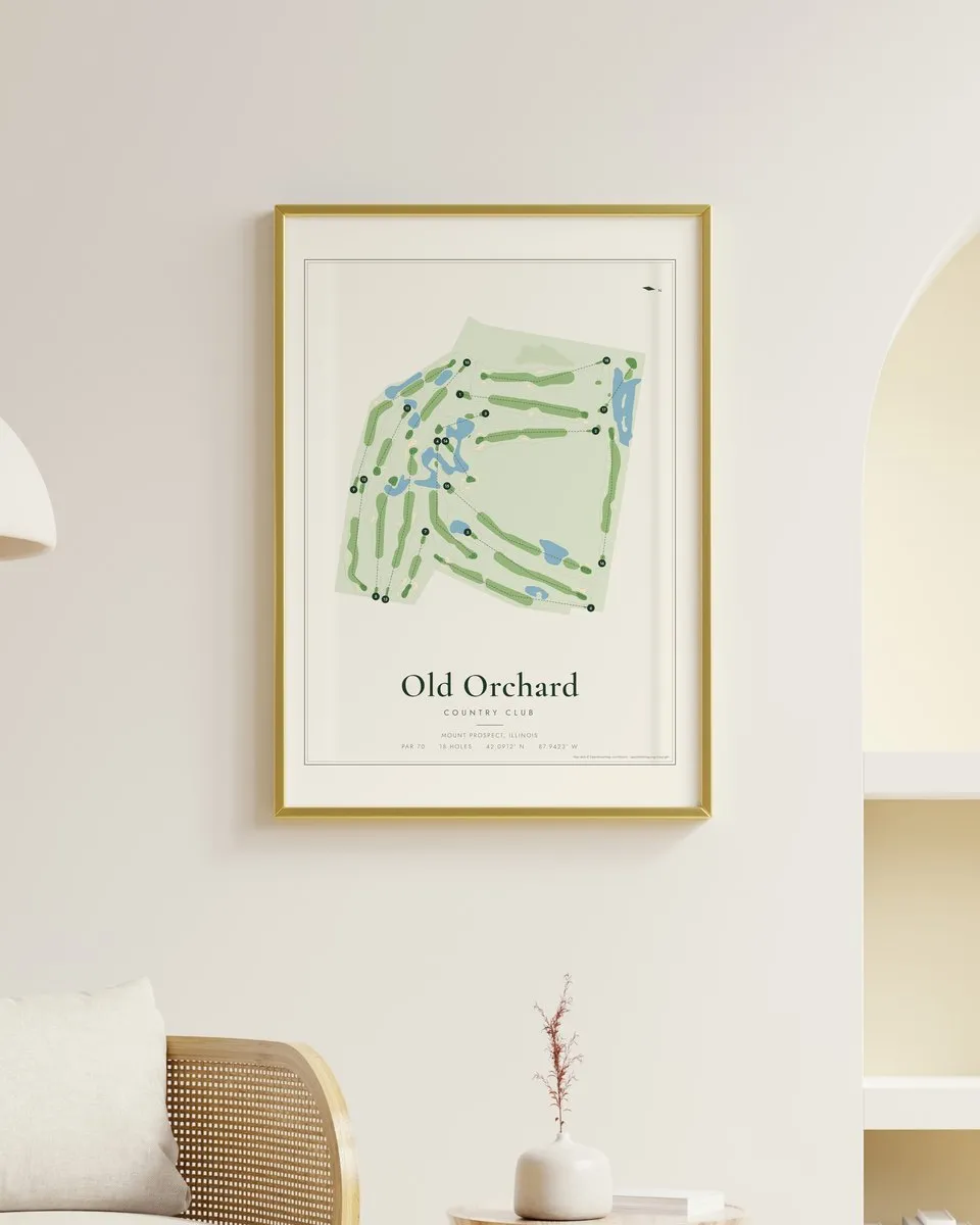Old Orchard Country Club golf course map print framed on a wall
