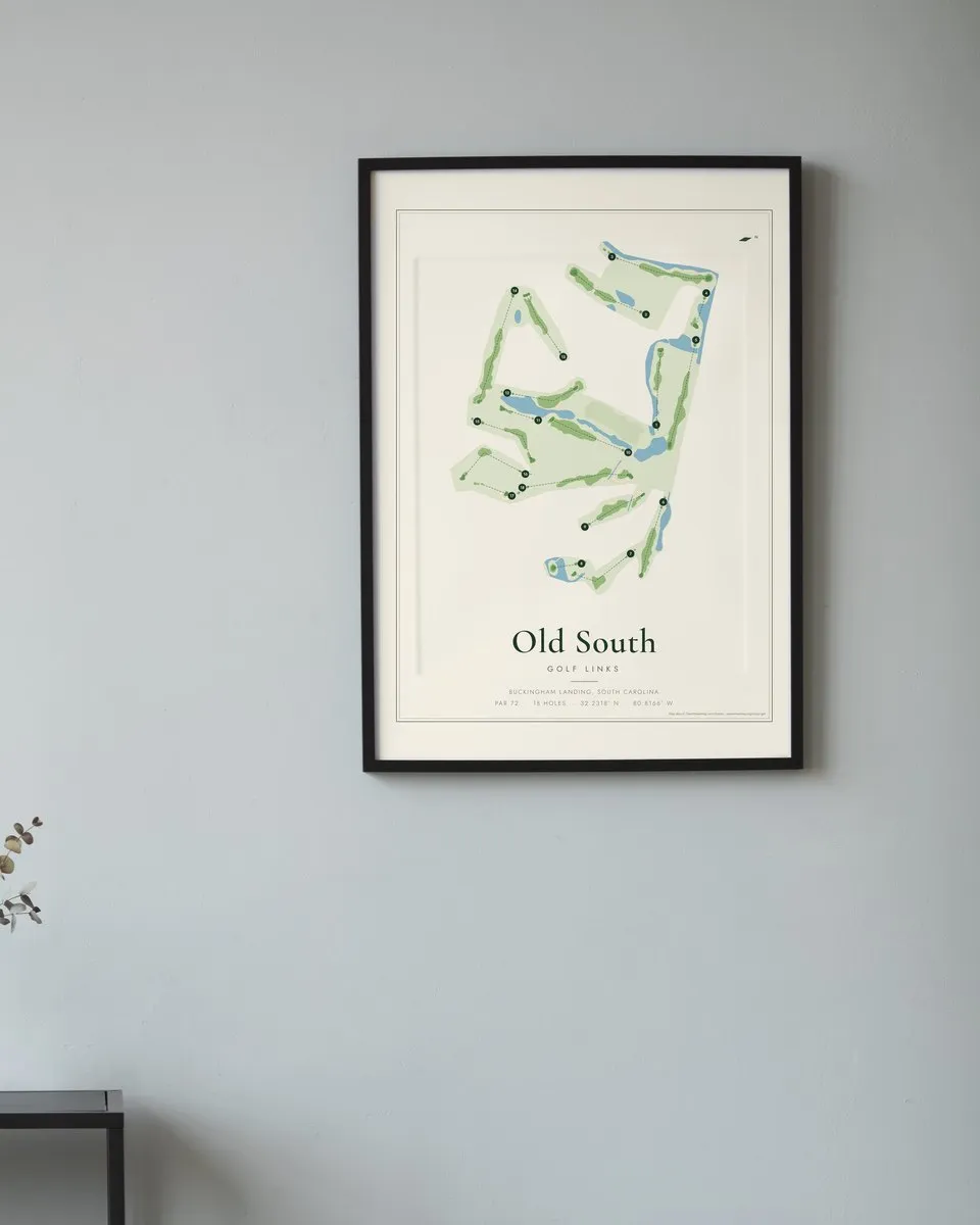 Old South Golf Links golf course map print framed on a wall
