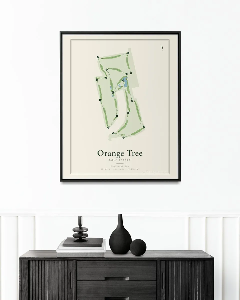 Orange Tree Golf Resort golf course map print framed on a wall