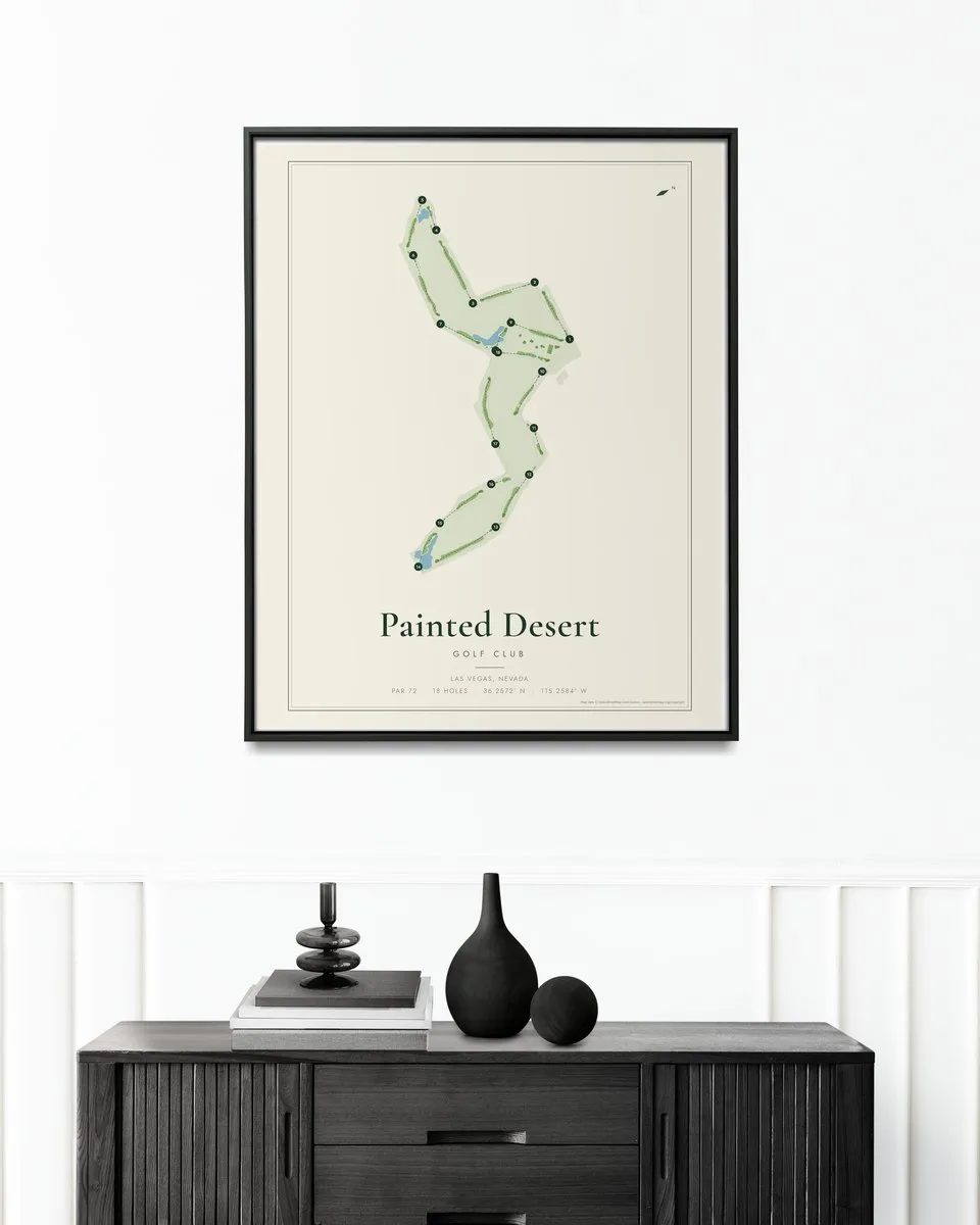 Painted Desert Golf Club golf course map print framed on a wall