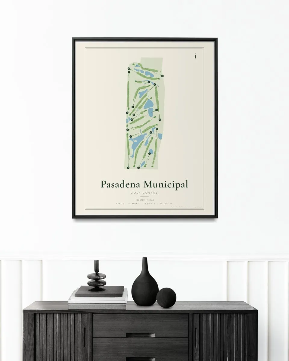 Pasadena Municipal Golf Course golf course map print framed on a wall