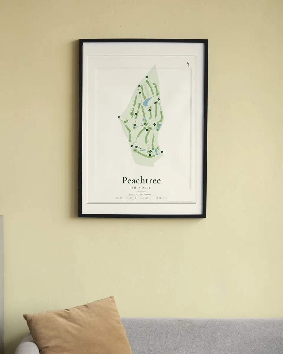 Peachtree Golf Club golf course map print framed on a wall