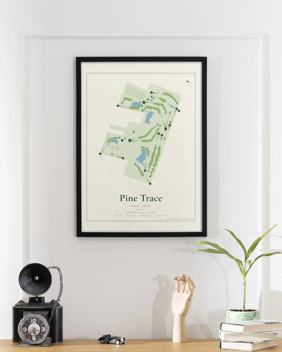 Pine Trace Golf Club golf course map print framed on a wall