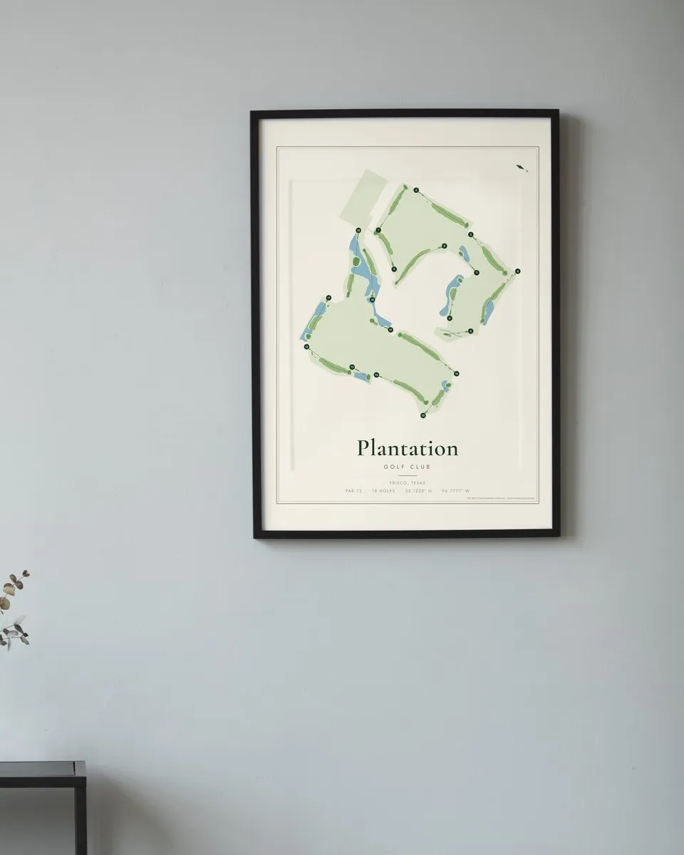 Plantation Golf Club golf course map print framed on a wall