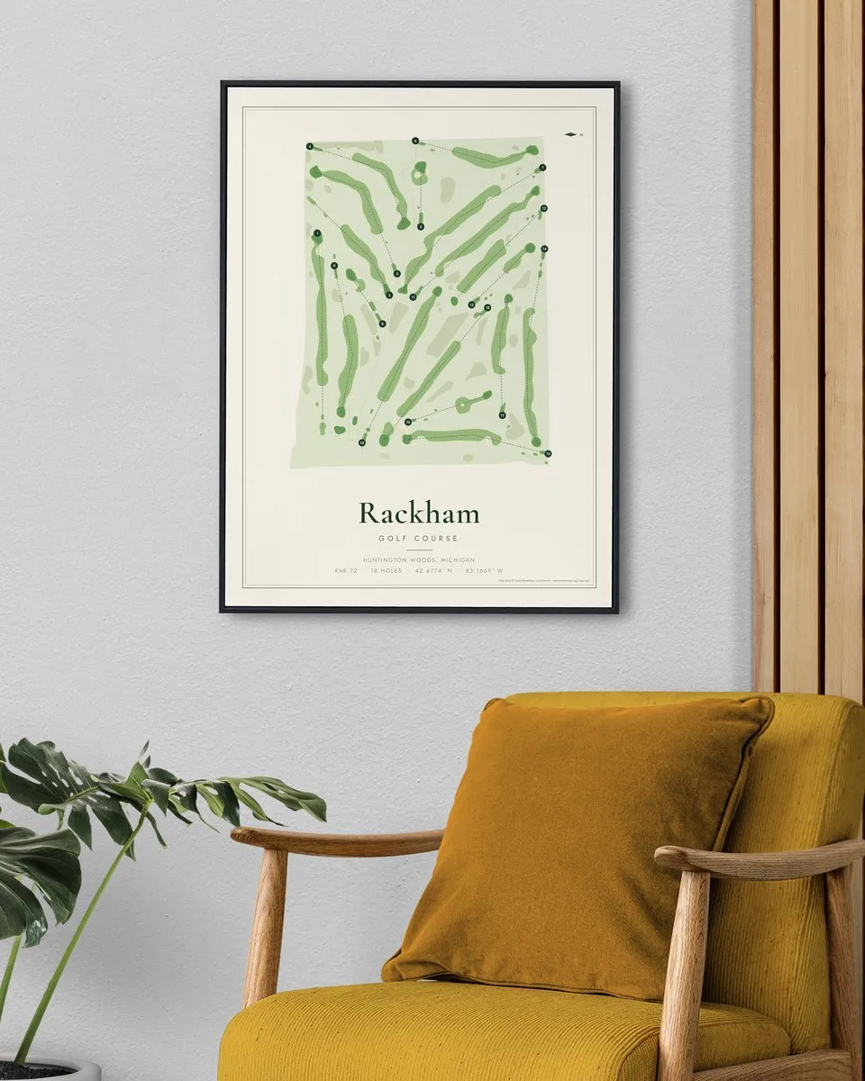Rackham Golf Course golf course map print framed on a wall