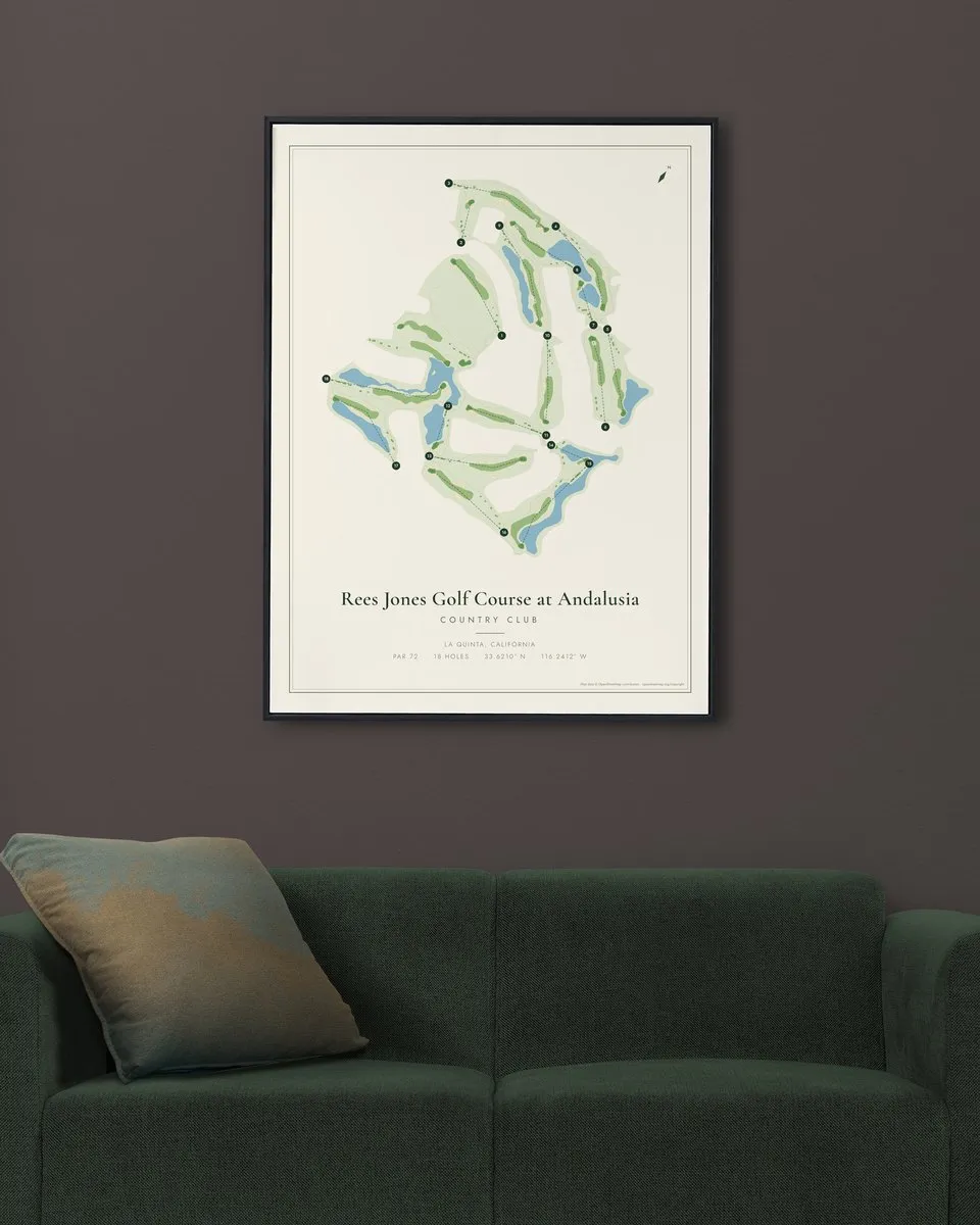 Rees Jones Golf Course at Andalusia Country Club golf course map print framed on a wall
