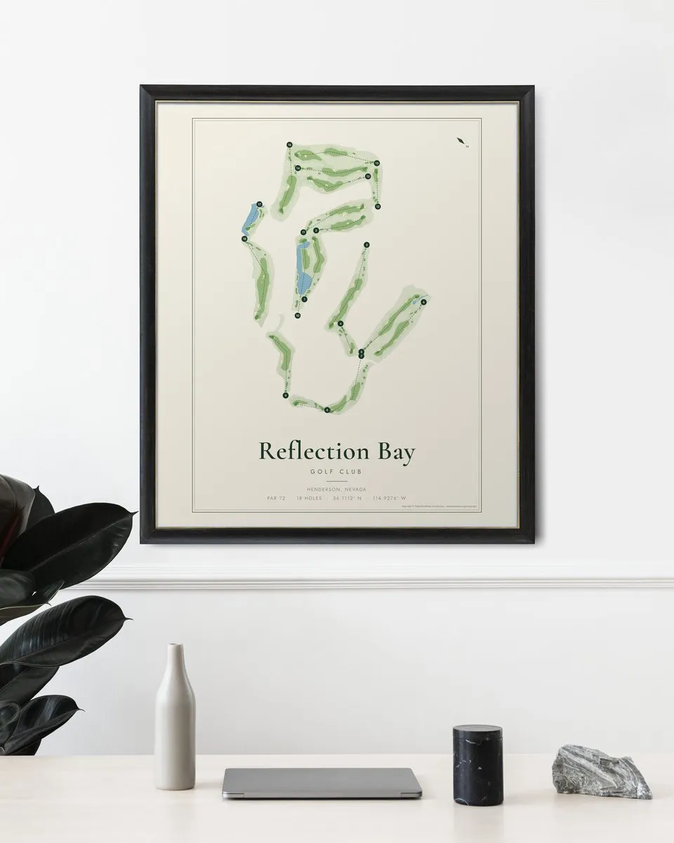 Reflection Bay Golf Club golf course map print framed on a wall