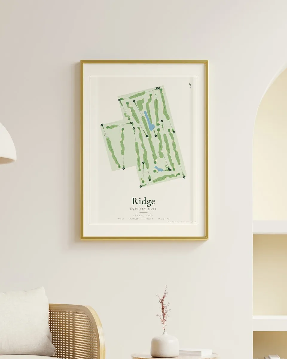 Ridge Country Club golf course map print framed on a wall