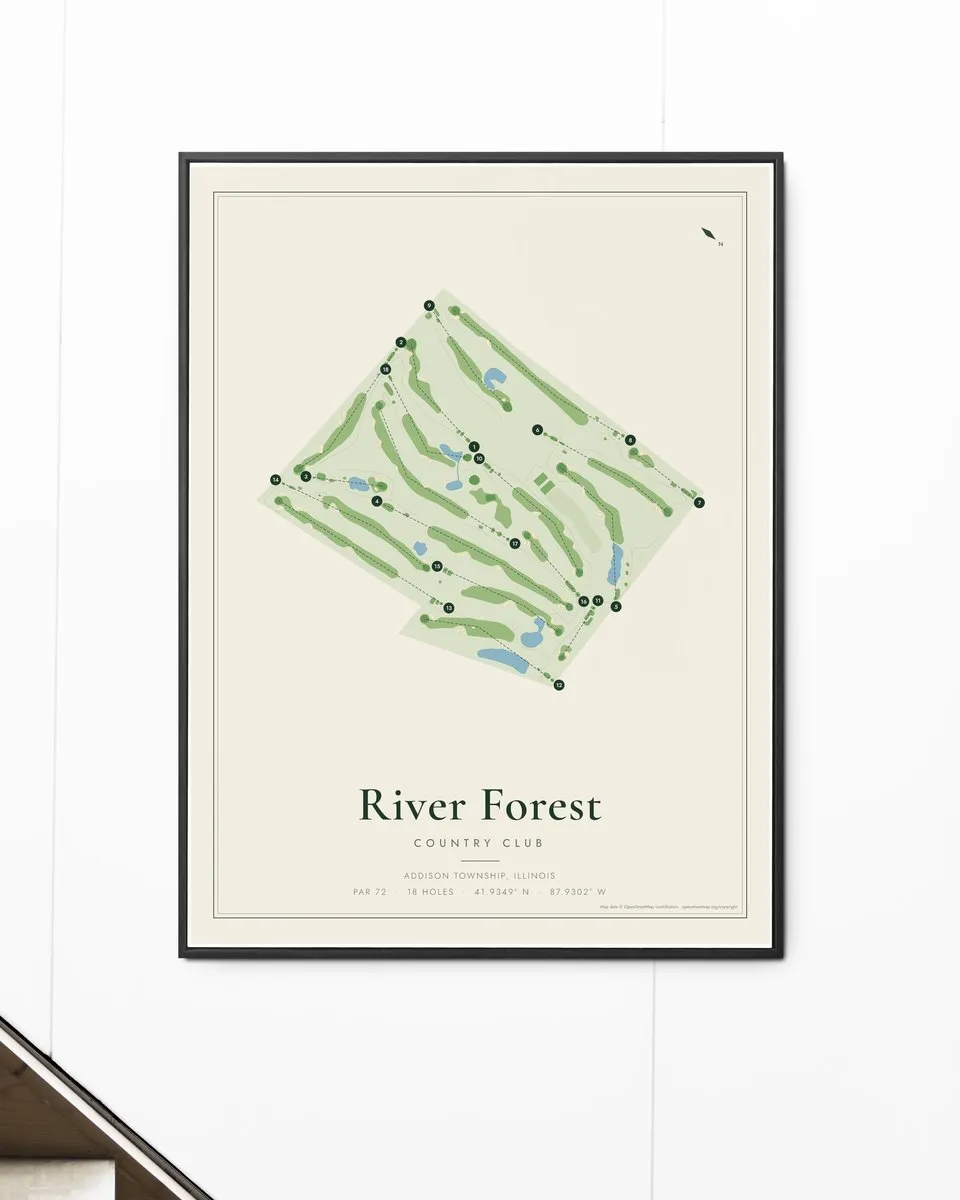River Forest Country Club golf course map print framed on a wall