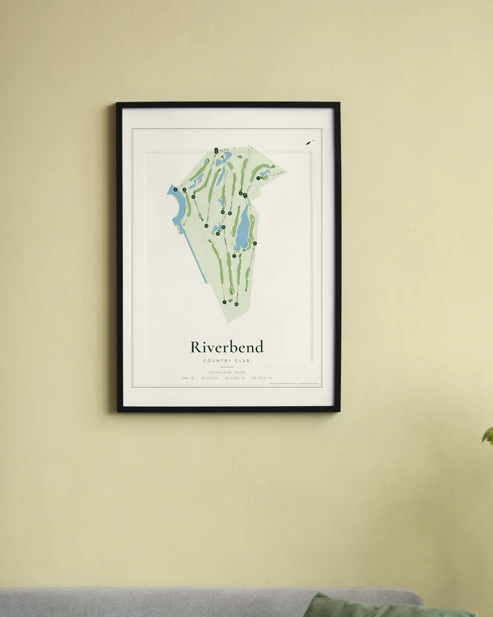 Riverbend Country Club golf course map print framed on a wall