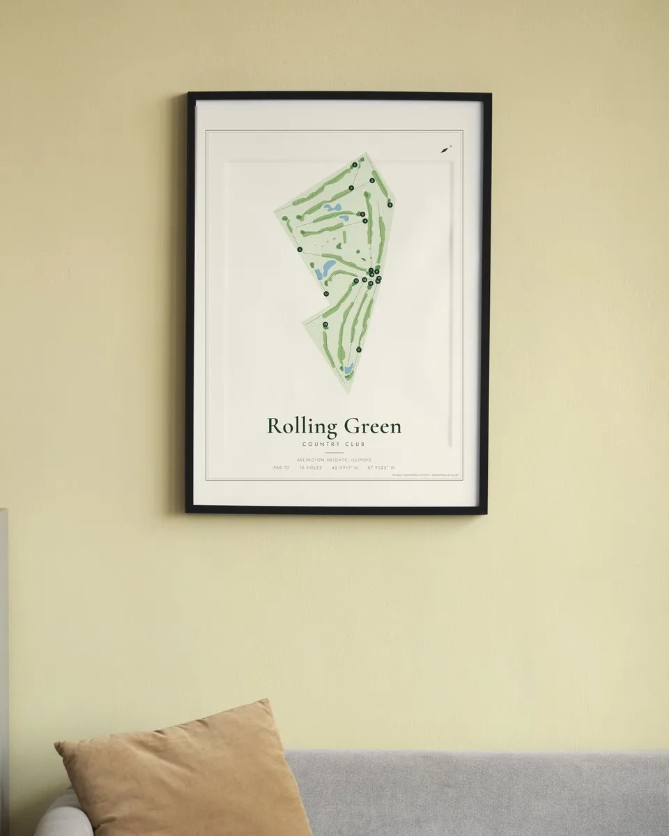 Rolling Green Country Club golf course map print framed on a wall