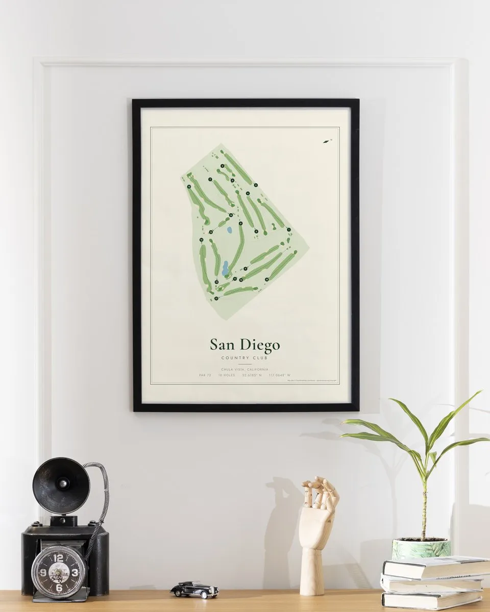 San Diego Country Club golf course map print framed on a wall