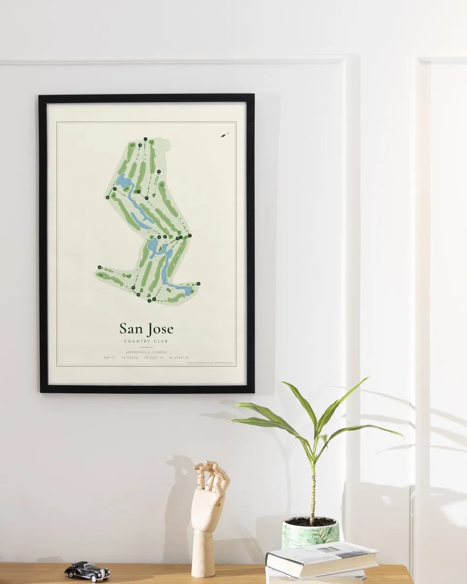San Jose Country Club golf course map print framed on a wall