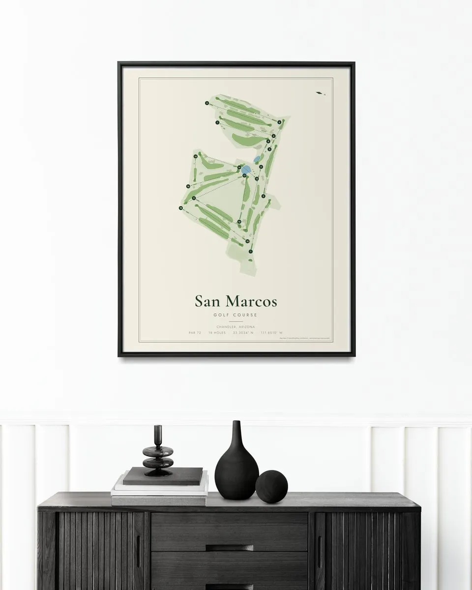 San Marcos Golf Course golf course map print framed on a wall