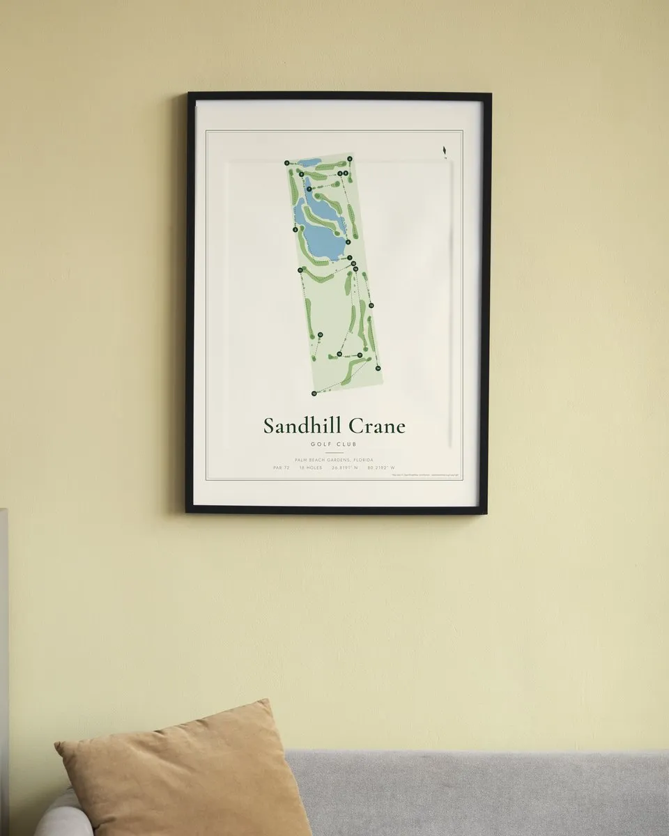 Sandhill Crane Golf Club golf course map print framed on a wall