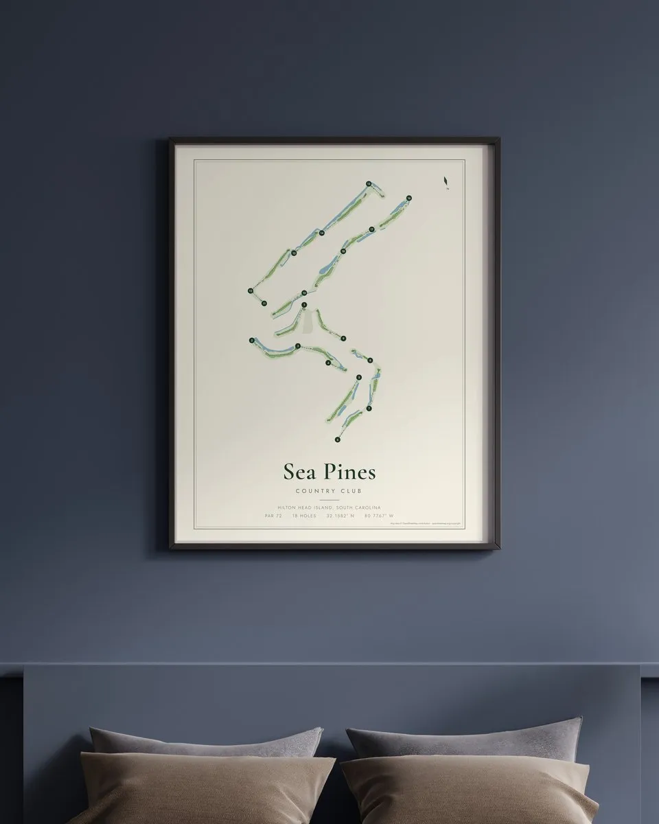 Sea Pines Country Club golf course map print framed on a wall