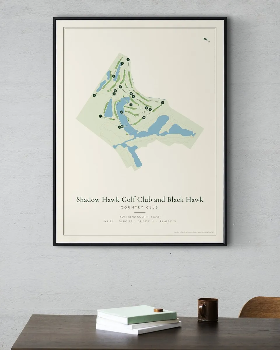 Shadow Hawk Golf Club and Black Hawk Country Club golf course map print framed on a wall