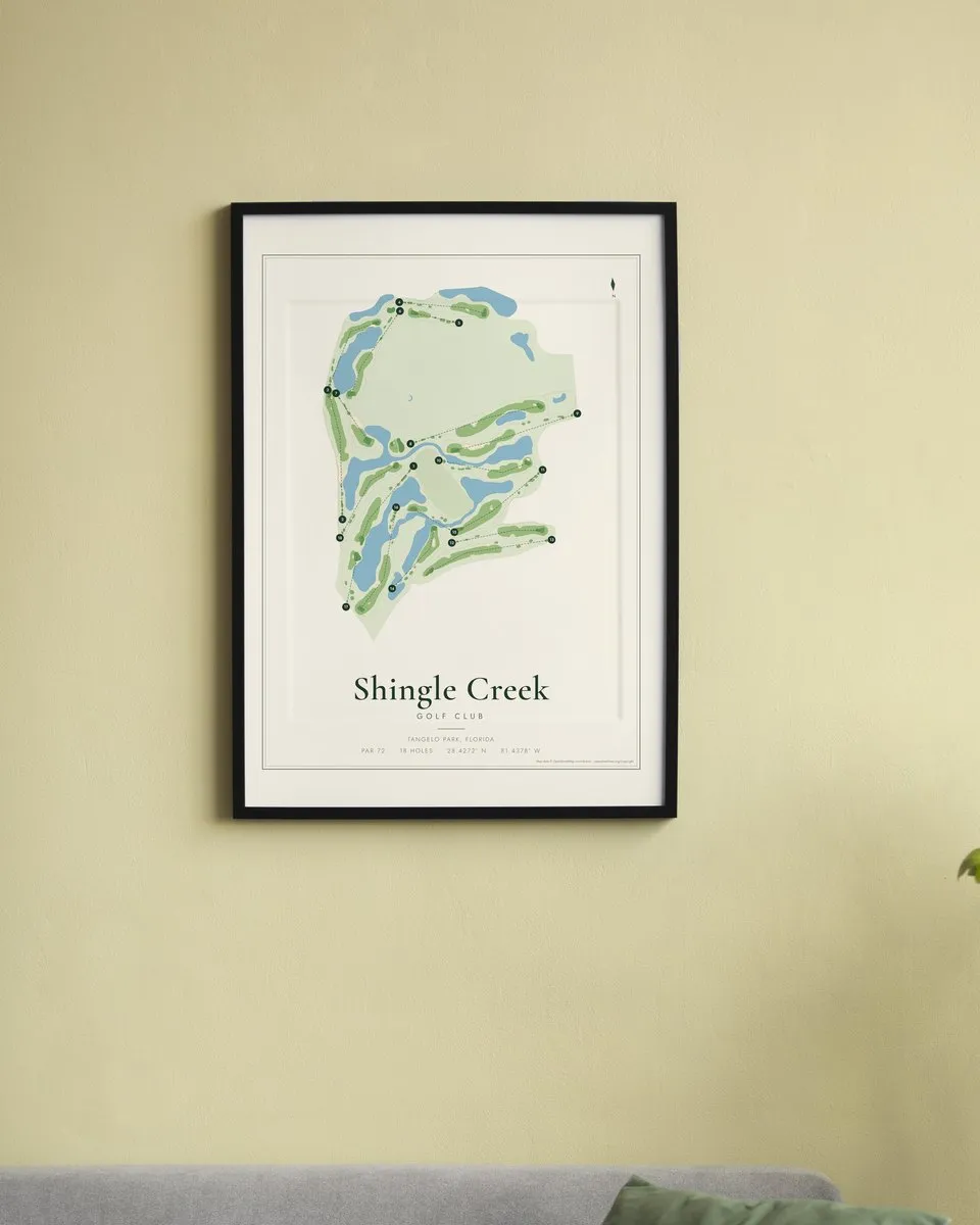Shingle Creek Golf Club golf course map print framed on a wall
