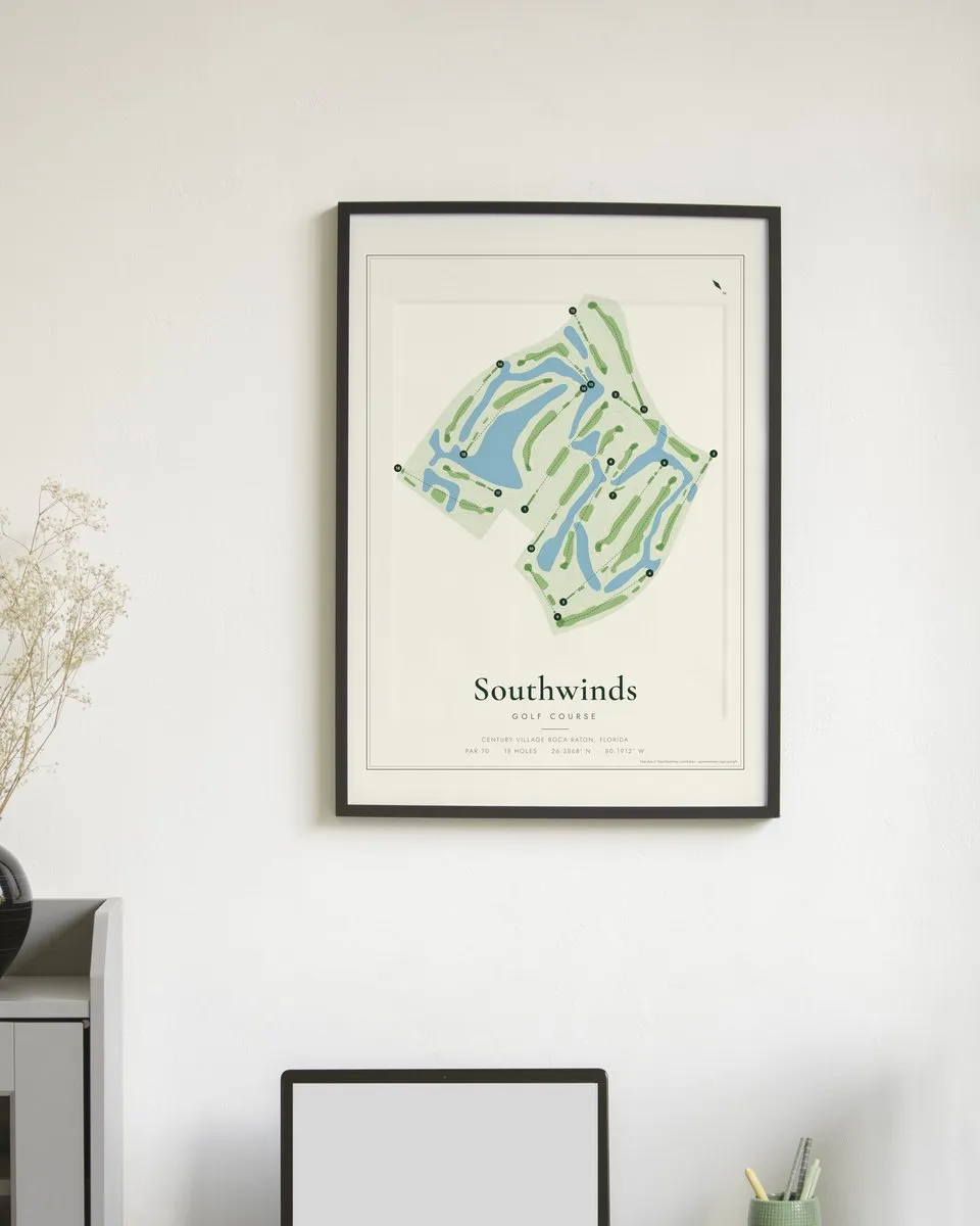 Southwinds Golf Course golf course map print framed on a wall