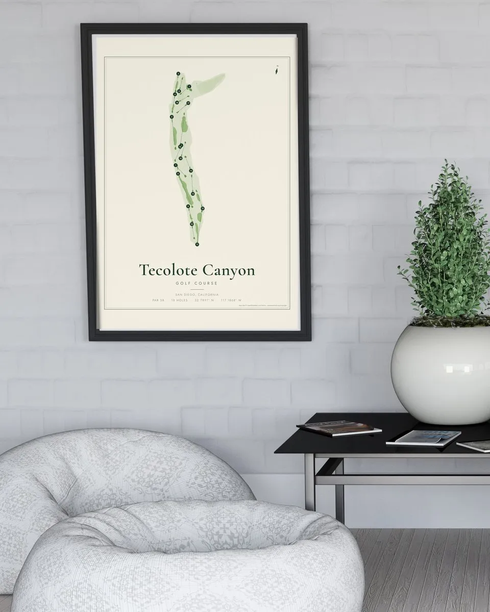 Tecolote Canyon Golf Course golf course map print framed on a wall