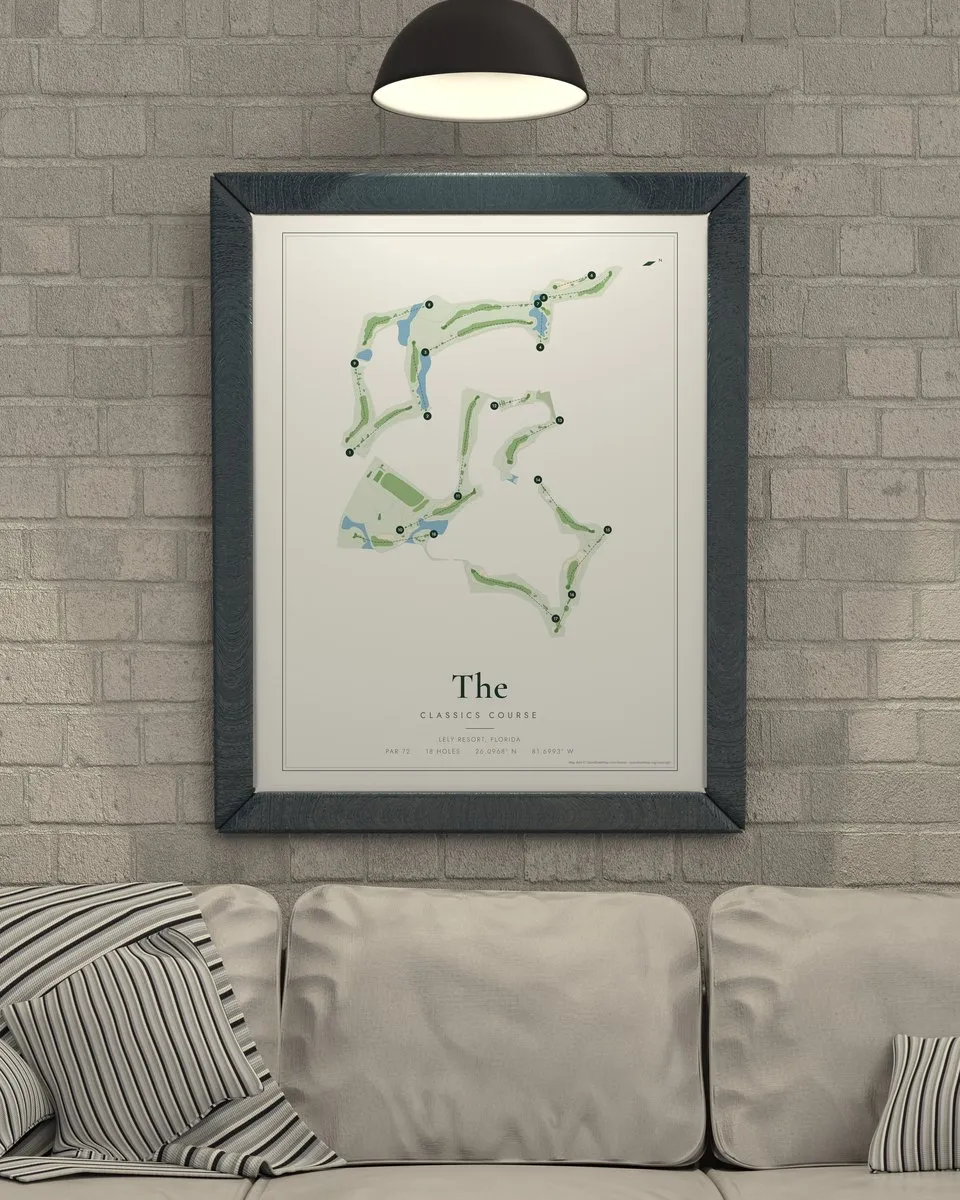 The Classics Course at Lely Resort golf course map print framed on a wall