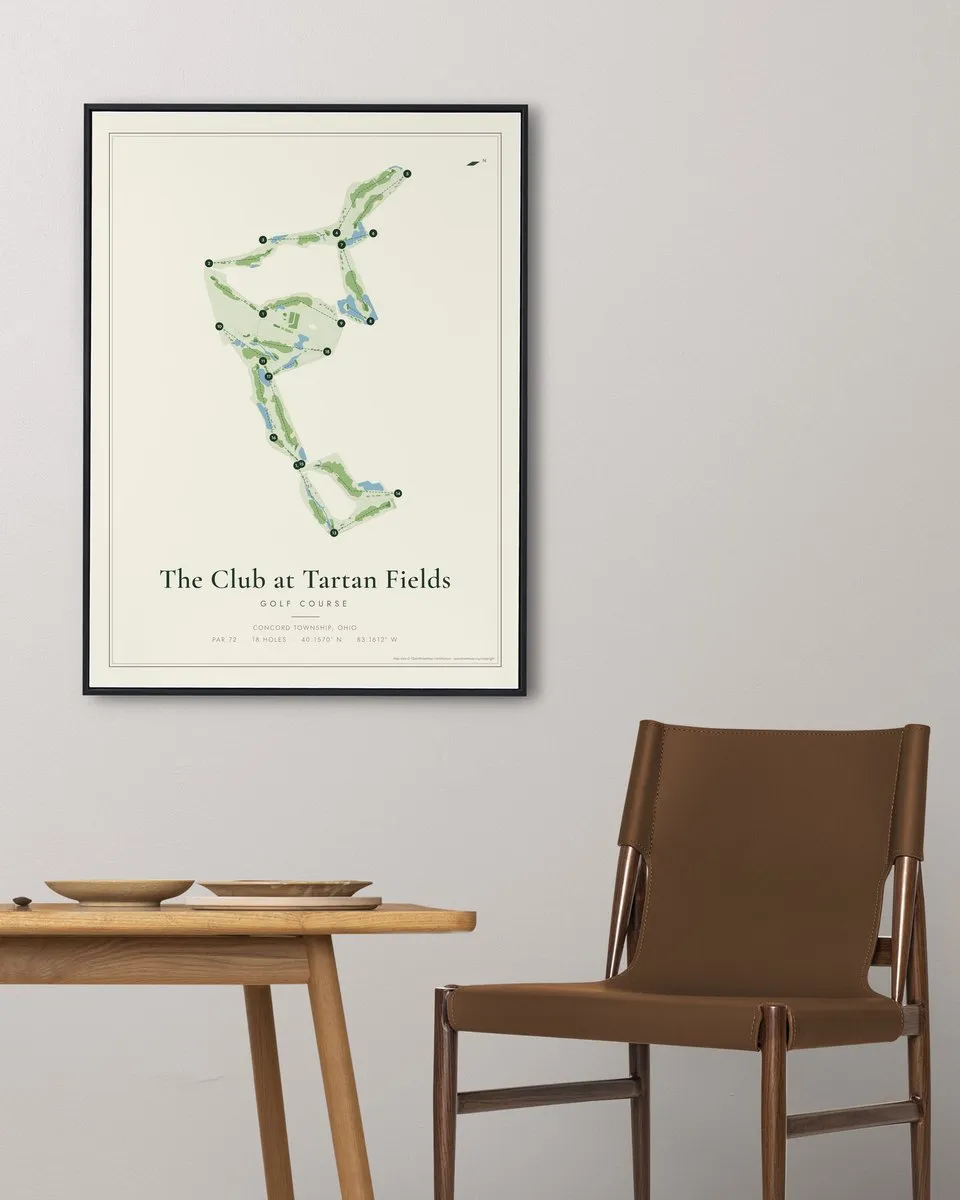 The Club at Tartan Fields golf course map print framed on a wall