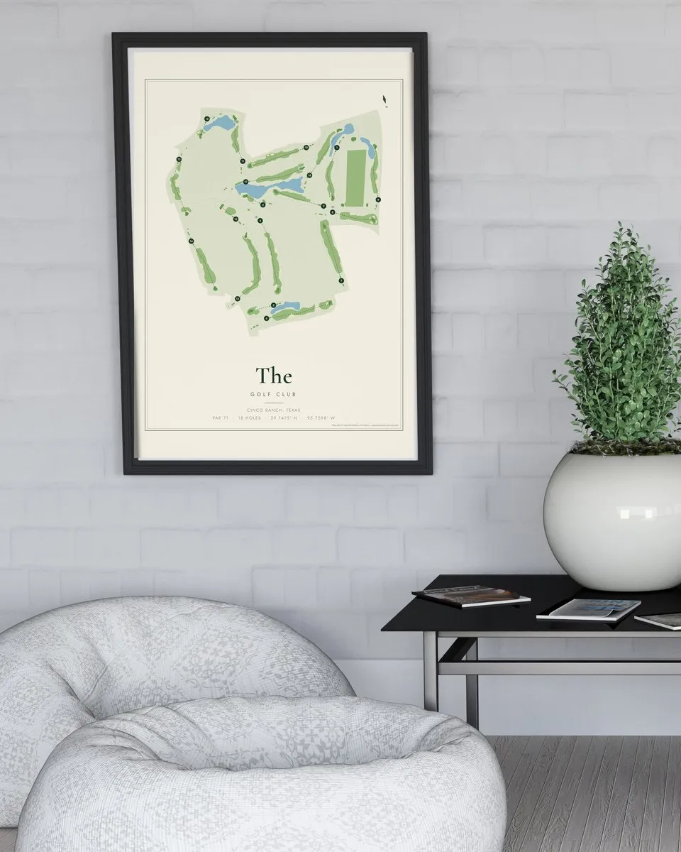 The Golf Club at Cinco Ranch golf course map print framed on a wall