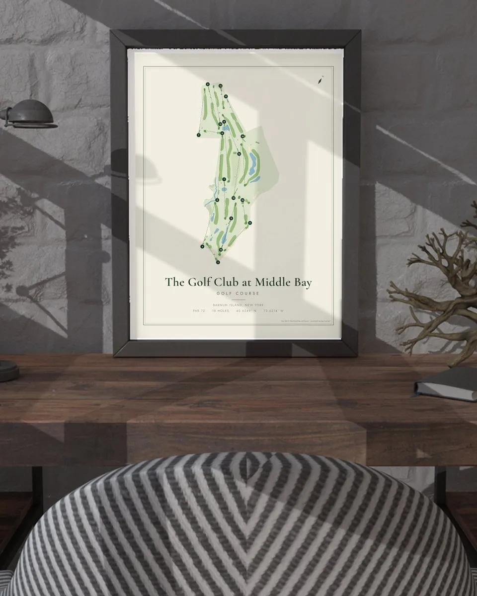 The Golf Club at Middle Bay golf course map print framed on a wall