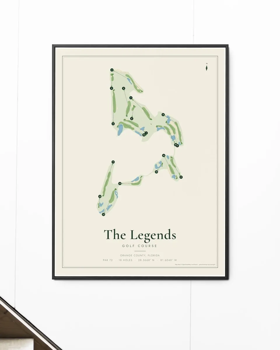 The Legends golf course map print framed on a wall