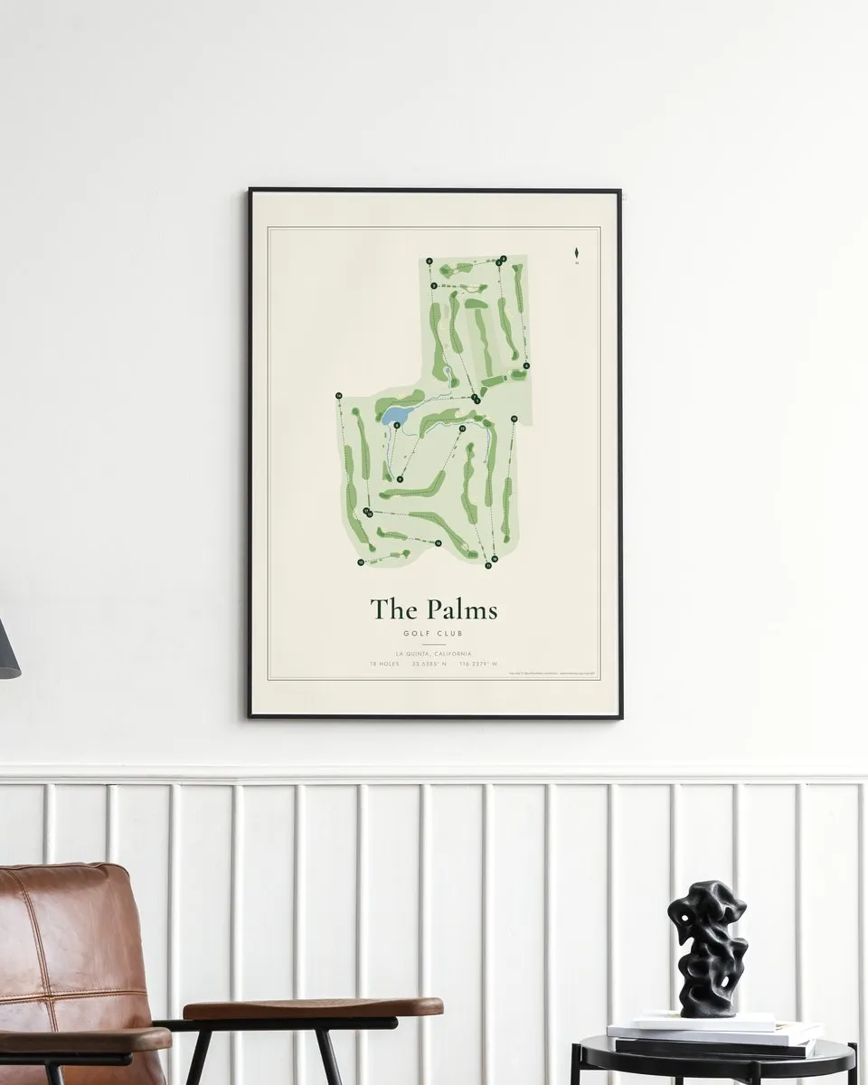 The Palms Golf Club golf course map print framed on a wall