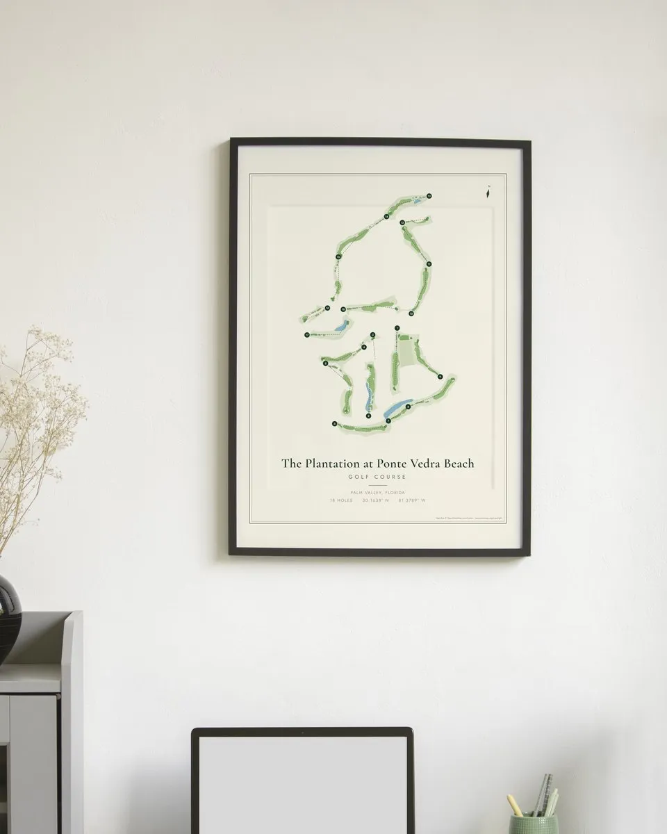 The Plantation at Ponte Vedra Beach golf course map print framed on a wall